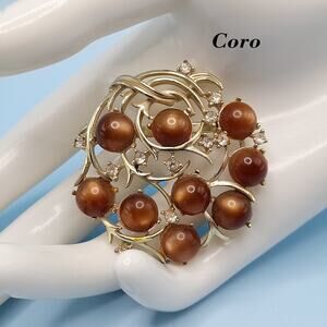 Vintage Coro Brown Lucite Moonglow Brooch, Clear Rhinestones, 1950s